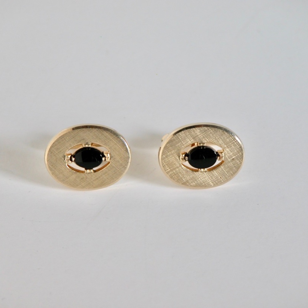 Vtg Modern Black Onyx Jeweled Gold Tone Cufflinks